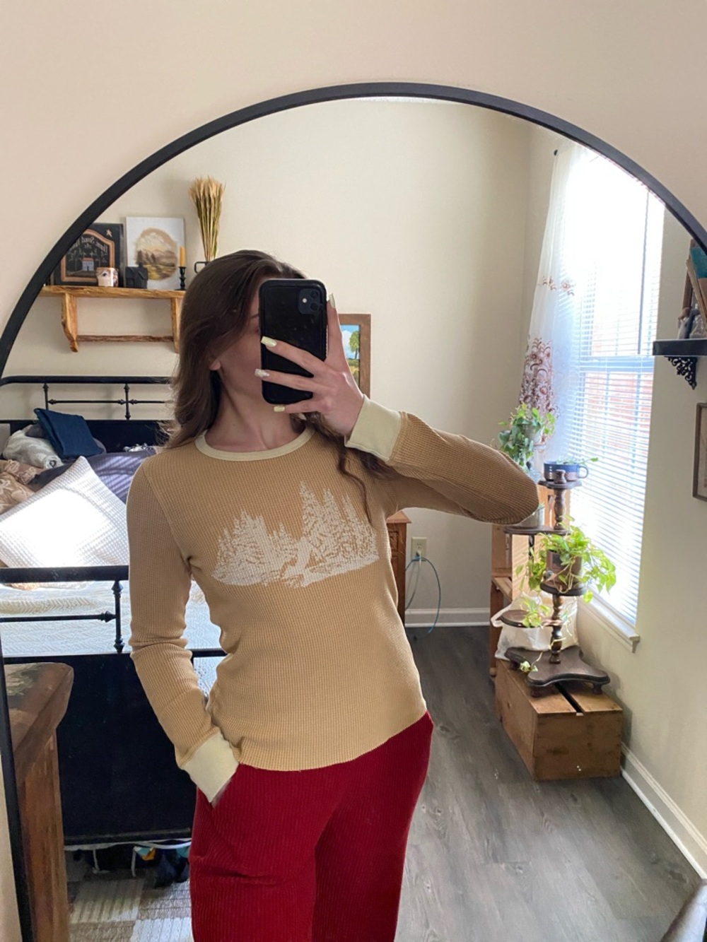 American Eagle Ski Ribbed Waffle Knit Tan Thermal Long Sleeve — Women’s S